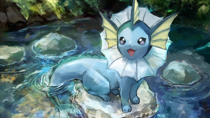Vaporeon Standing on a Rock in Calm Stream