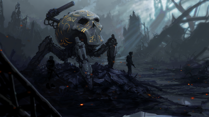 Giant skull robot in post-apocalyptic wasteland with soldiers