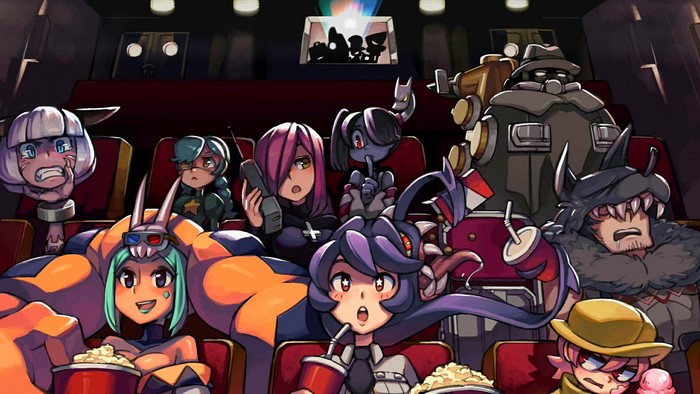 Skullgirls characters watching a movie in a cinema