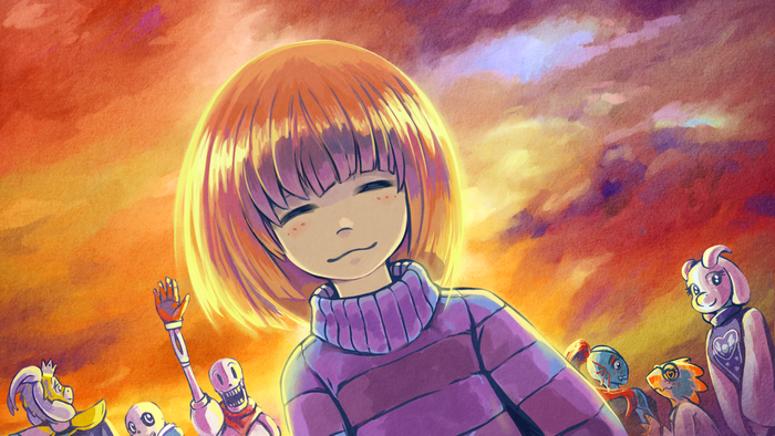 Frisk and friends from Undertale in a sunset