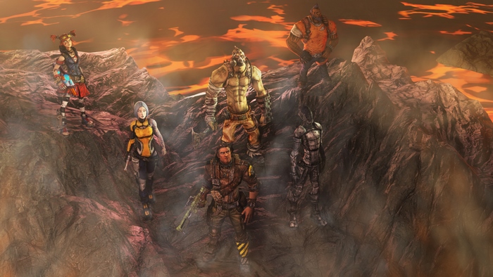 Borderlands characters on a rocky, volcanic landscape