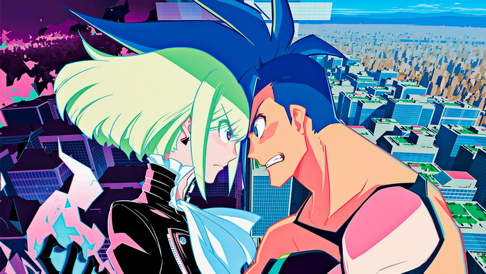 Lio Fotia and Galo Thymos from Promare facing each other