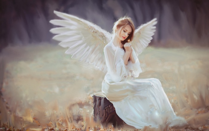 Serene Angelic Woman with White Wings