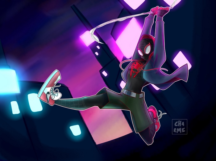 Miles Morales from Spider-Man: Into The Spider-Verse swinging