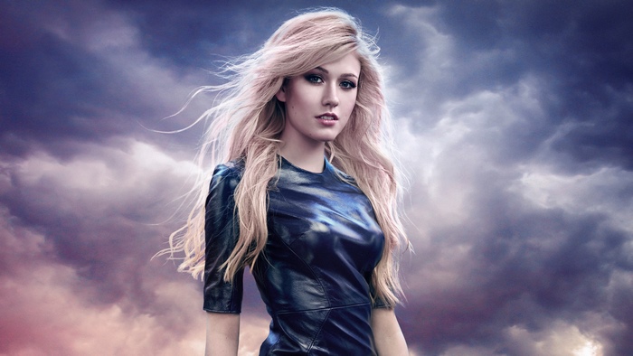 Katherine McNamara in a black leather dress