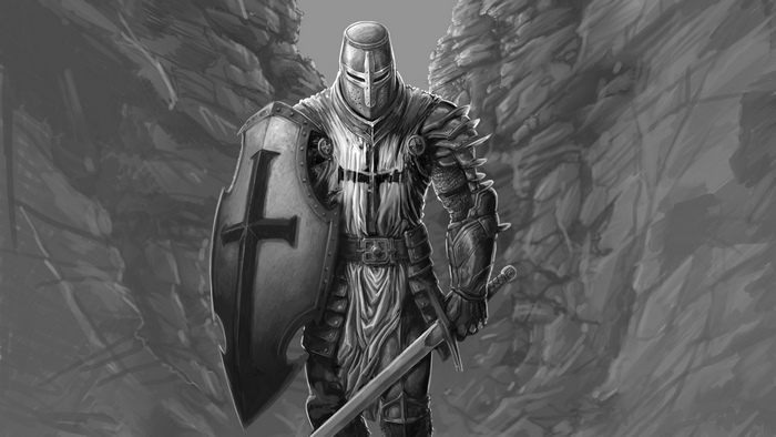 Knight in armor with sword and shield in rocky canyon