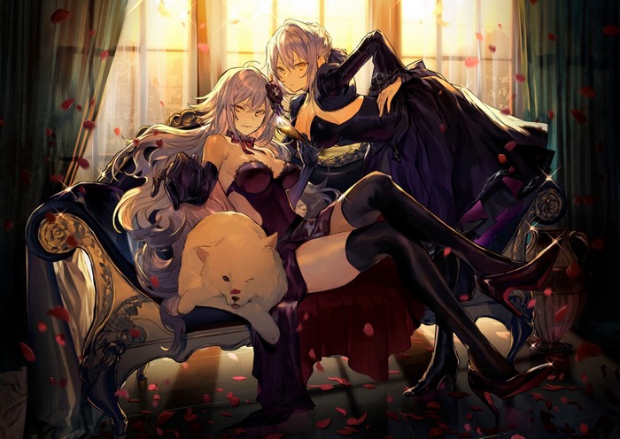 Artoria Pendragon and Jeanne d'Arc Alter with a dog