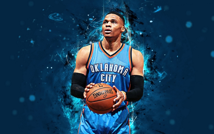 Russell Westbrook of Oklahoma City Thunder holding a Spalding basketball