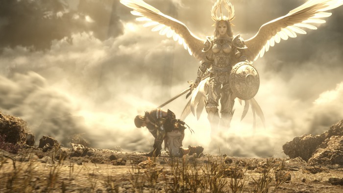 Warrior kneeling before winged goddess in Final Fantasy XIV