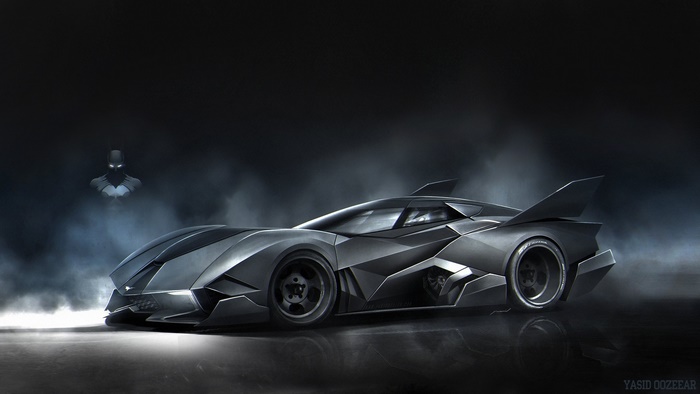 Batmobile and Batman in smoke