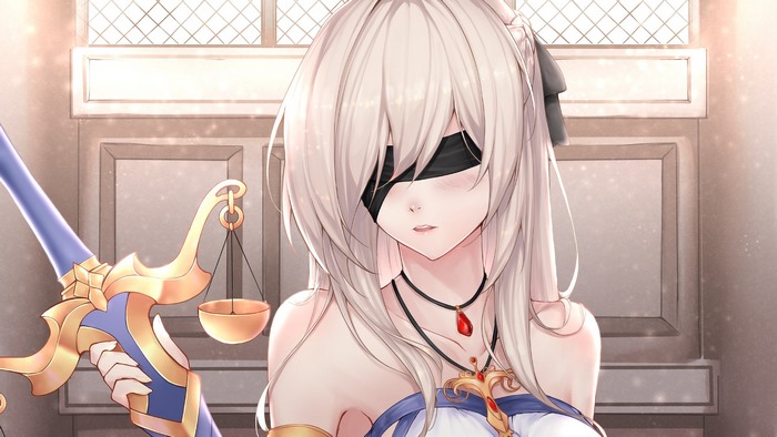 Maiden with blindfold and sword from Goblin Slayer