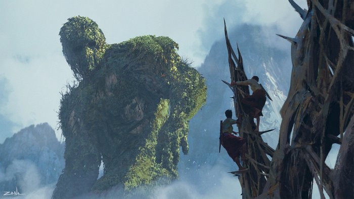 Giant covered in moss with people climbing a tree
