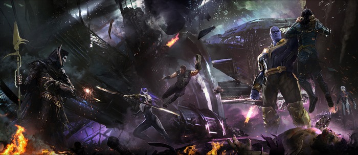 Thanos fighting Thor, Loki, and Hulk
