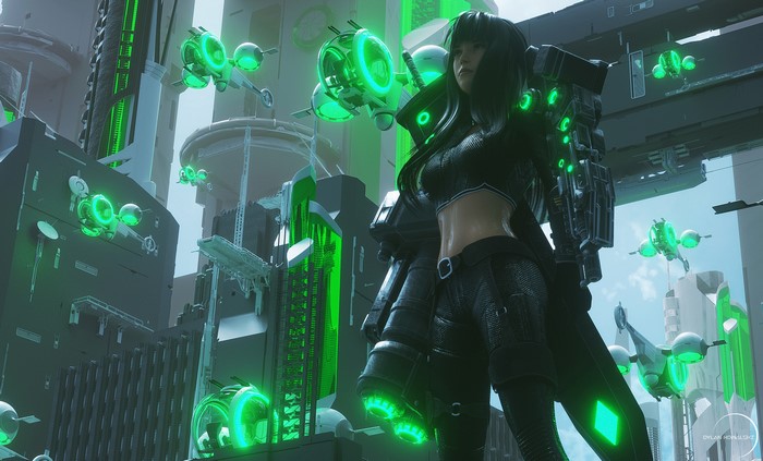 Cyberpunk Woman with Futuristic Weaponry in Neon City
