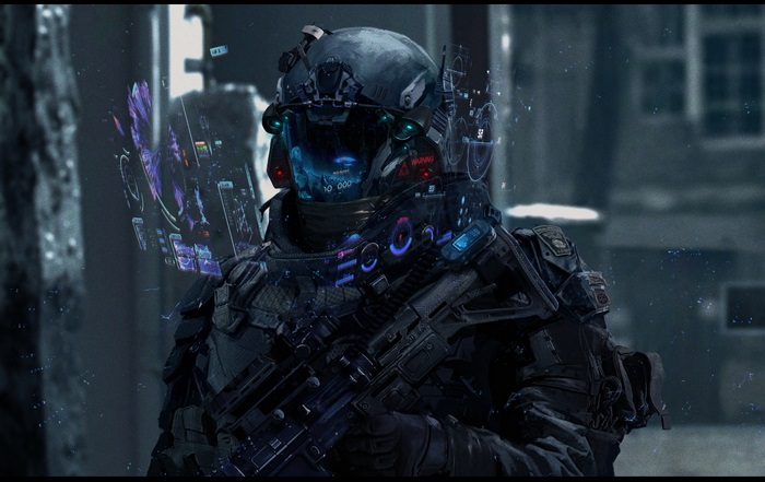 Futuristic soldier with holographic displays