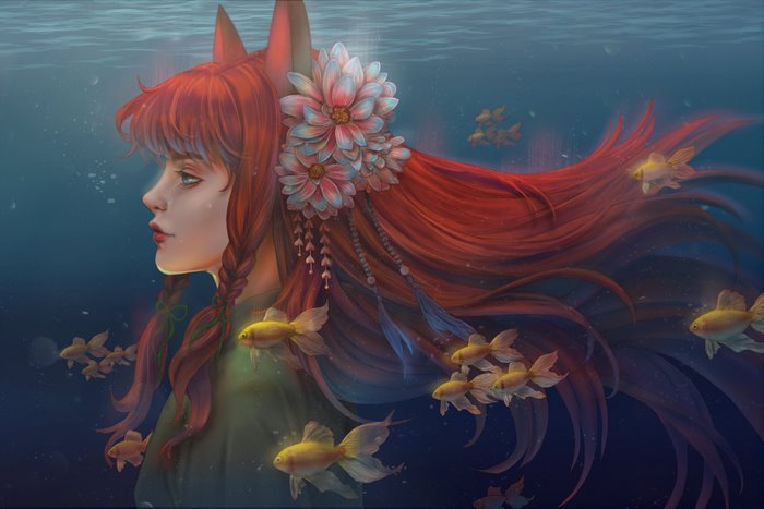 Woman with red hair and animal ears underwater with fish