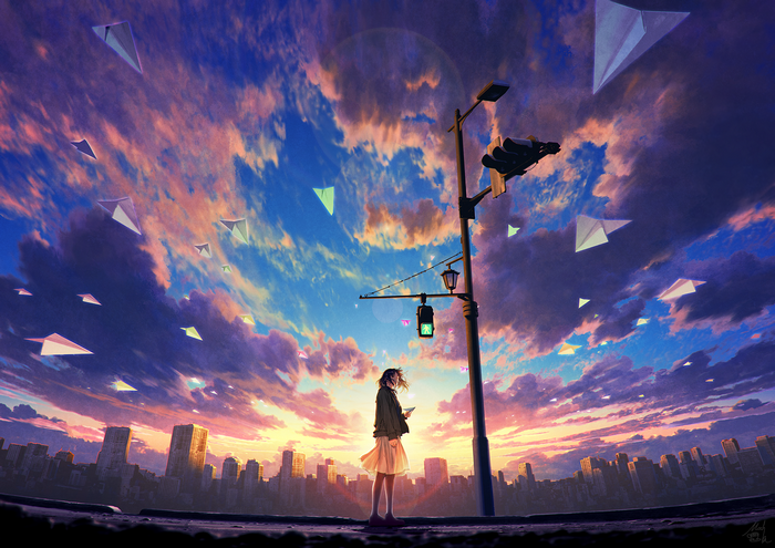 Anime girl with paper planes at dawn over city