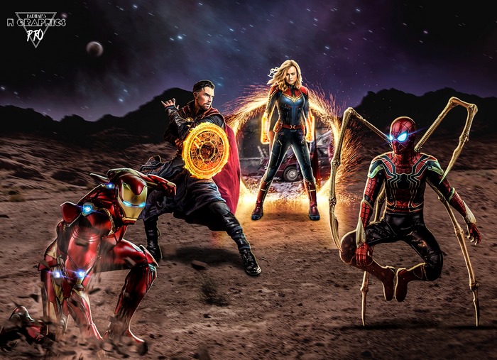 Iron Man, Spider-Man, Captain Marvel, Doctor Strange in space