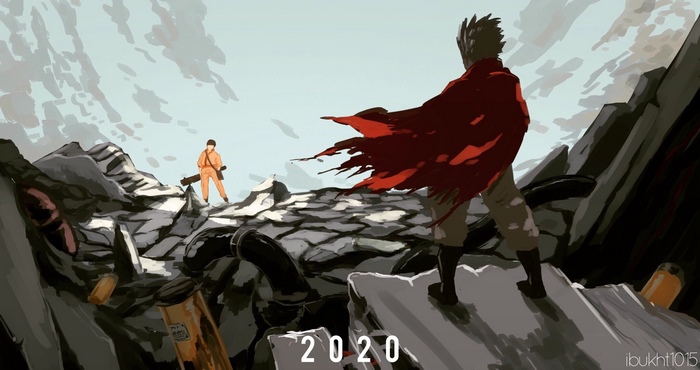 Tetsuo Shima from Akira in a post-apocalyptic landscape