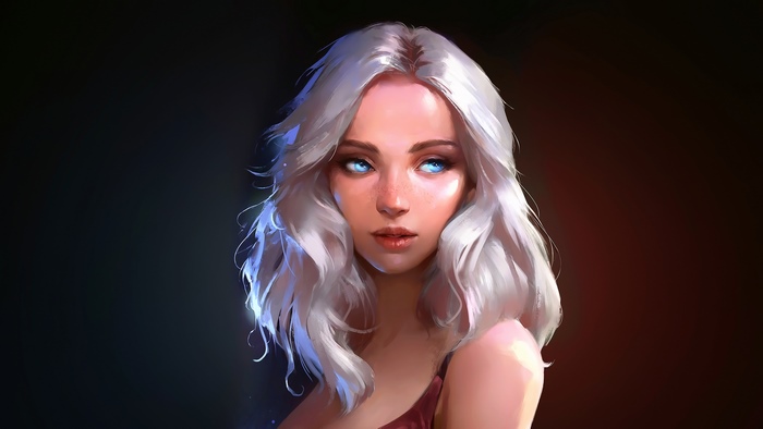 Woman with white hair and blue eyes