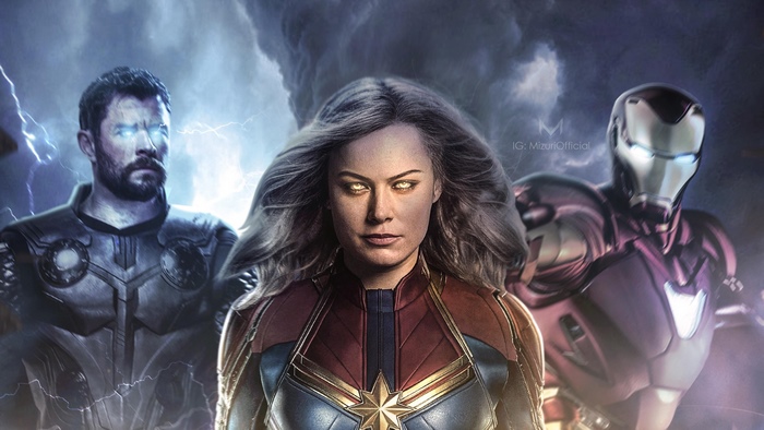 Thor, Iron Man, and Captain Marvel in front of storm clouds