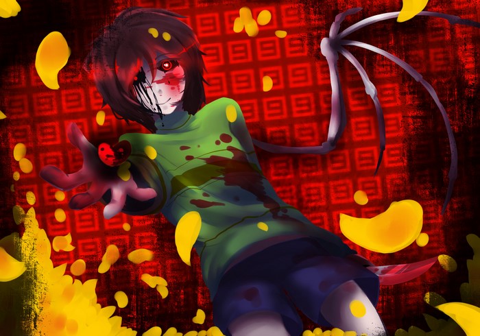 Chara from Undertale with bloody wings