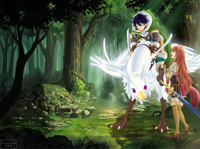 Naofumi Iwatani, Raphtalia, and Firo from The Rising of the Shield Hero in a forest