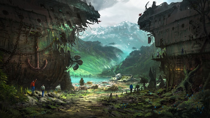 Post-Apocalyptic Landscape with Shipwrecks and Mountains