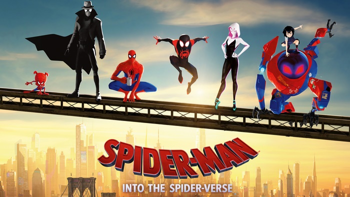 Spider-Man: Into the Spider-Verse characters on a bridge