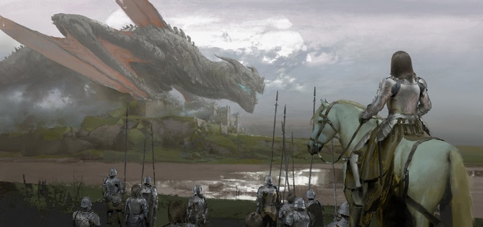 Knight on Horseback Facing a Majestic Dragon