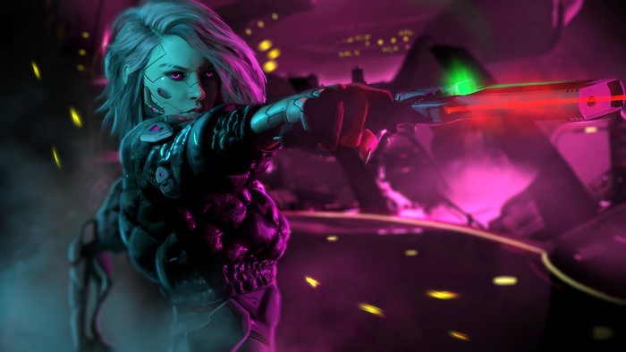 Cyberpunk Cyborg Woman with Futuristic Weapon