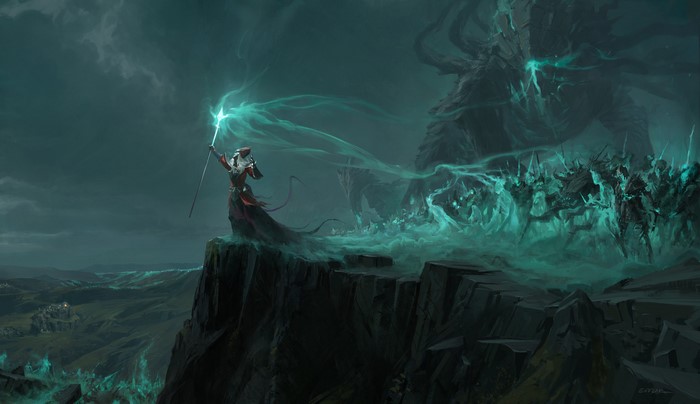 Necromancer commanding an undead army from a cliff