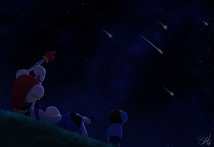 Sans, Papyrus, and Frisk from Undertale watching shooting stars