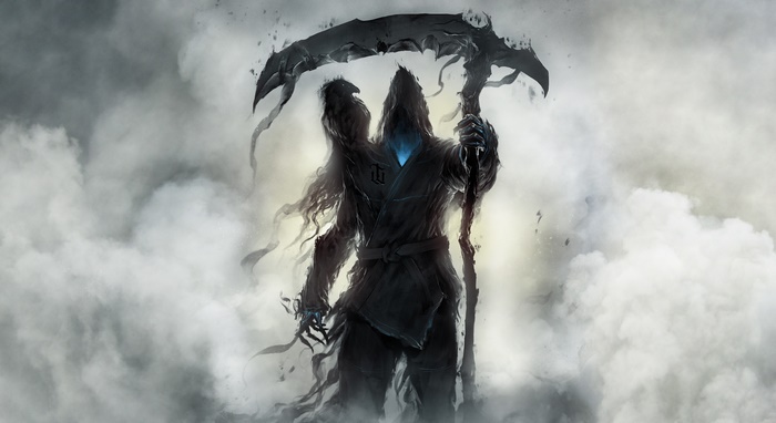 Dark Grim Reaper with Scythe in Fog