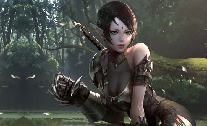 Elf woman warrior with sword in forest