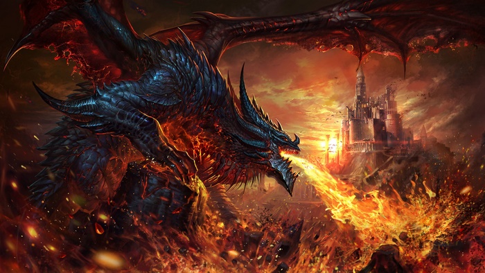 Dragon breathing fire on a castle