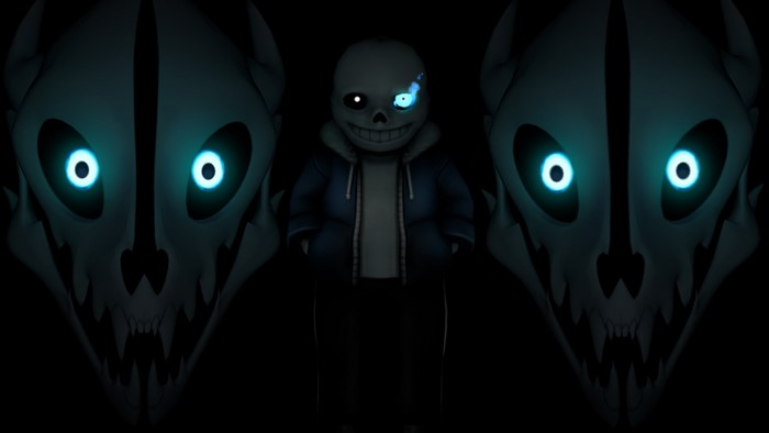 Sans from Undertale with Glowing Eyes and Gaster Blasters