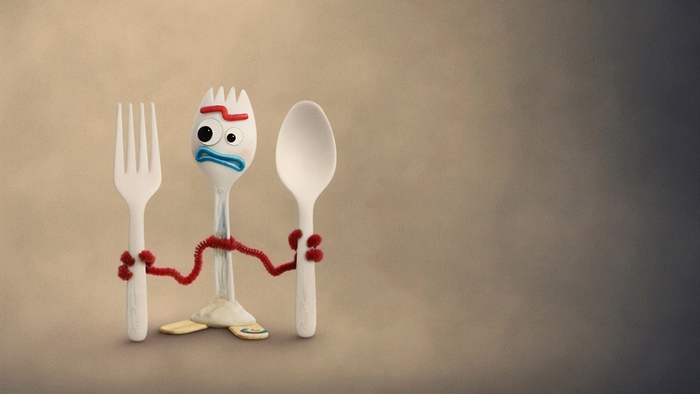Forky from Toy Story 4 with a fork and spoon