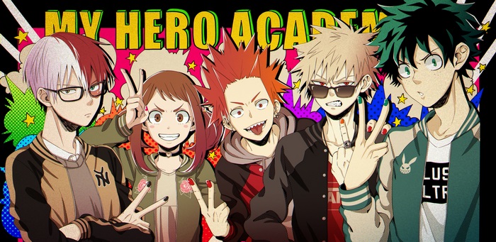 My Hero Academia characters: Todoroki, Uraraka, Kirishima, Bakugou, Midoriya