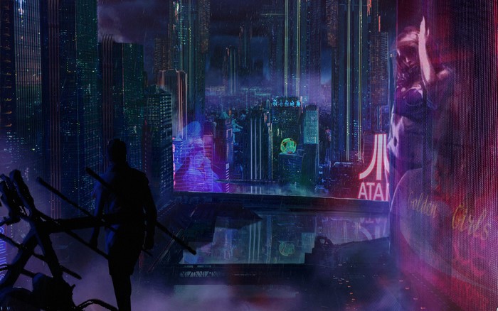 Cyberpunk cityscape with a lone figure and neon signs