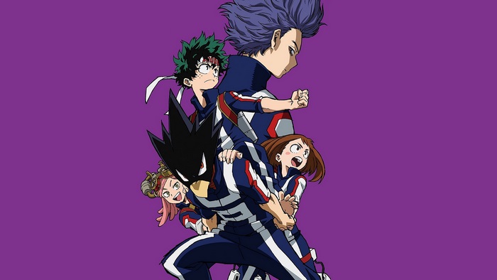My Hero Academia characters: Tokoyami, Midoriya, Shinso, Uraraka, and Hatsume