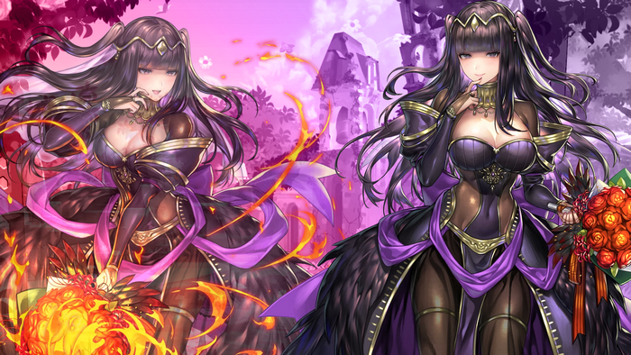 Tharja from Fire Emblem with fire and flowers