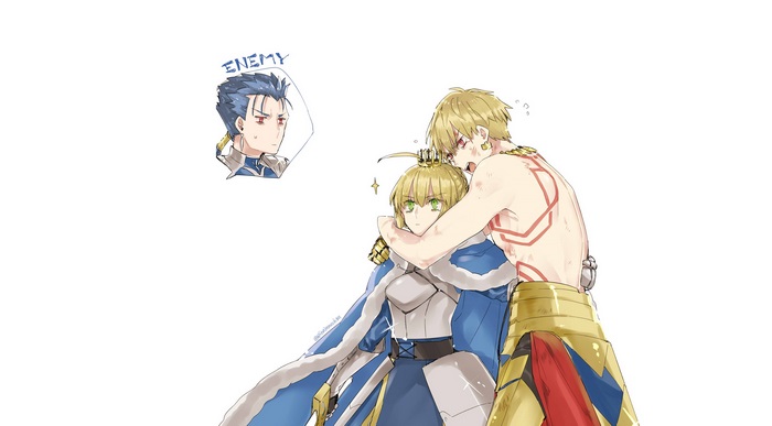 Gilgamesh hugs Artoria Pendragon, Cu Chulainn watches