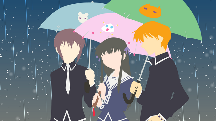 Yuki Sohma, Kyo Sohma, and Tohru Honda under umbrellas in the rain