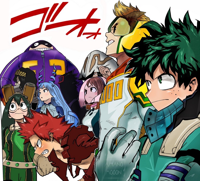 My Hero Academia characters: Deku, Kirishima, Uraraka, Tsuyu, Aizawa, Nejire, Mirio, Fat Gum