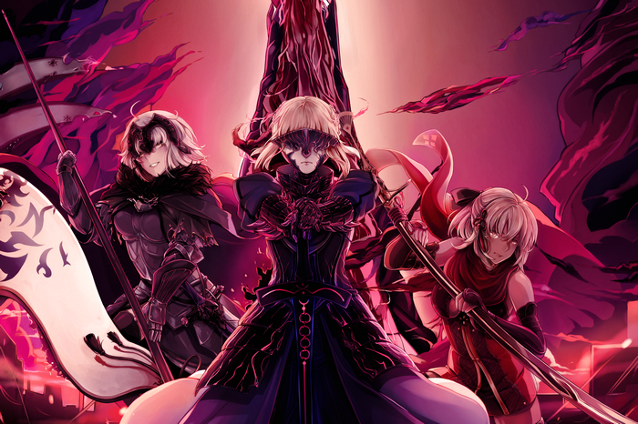 Jeanne d'Arc Alter, Artoria Pendragon, and Okita Alter from Fate/Grand Order