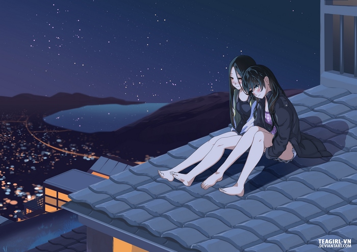 Two girls on a rooftop at night under the stars