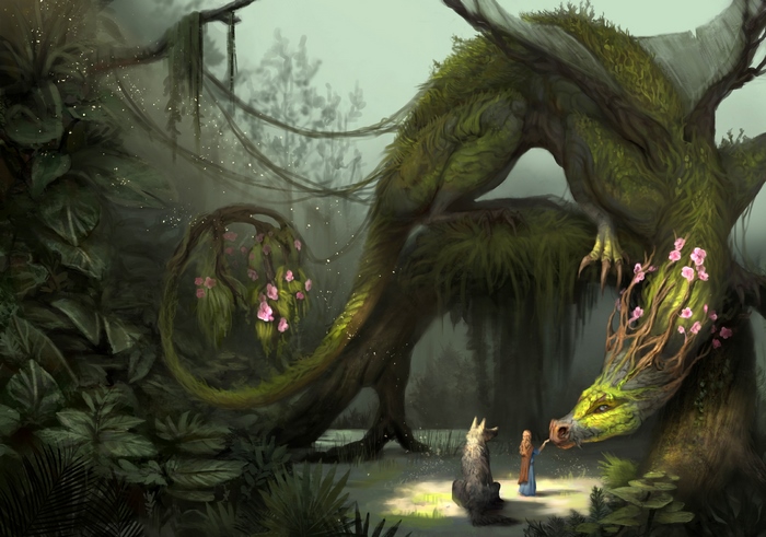 Dragon and girl in a mossy forest