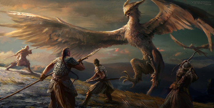 Warriors hunting a griffin with spears