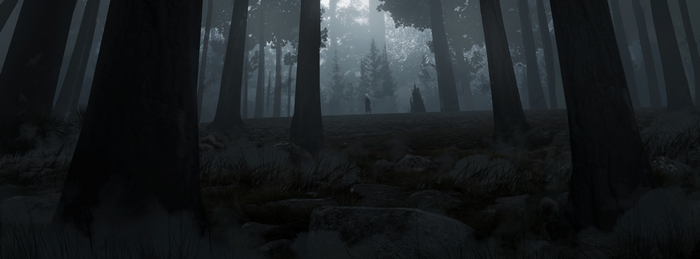 Girl with white hair in a dark forest